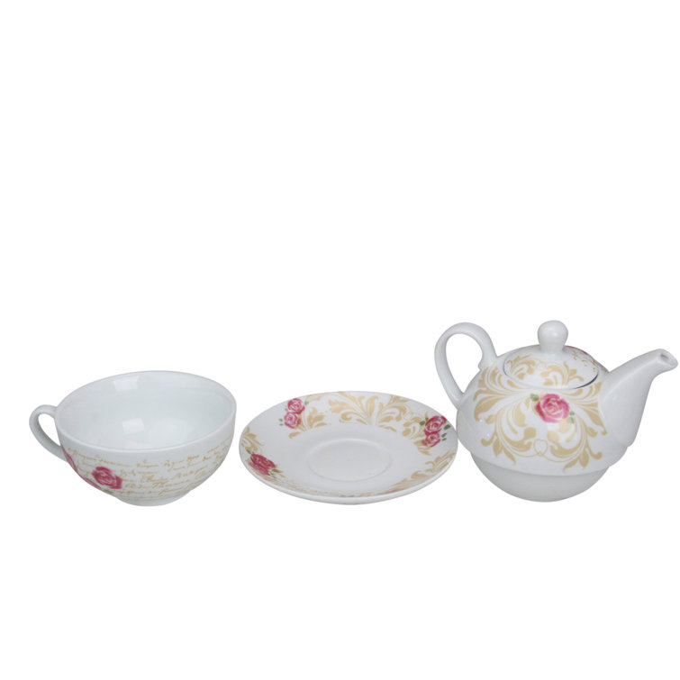 One Allium Way® 3piece White and Pink Ceramic Floral Stackable Tea Set Wayfair
